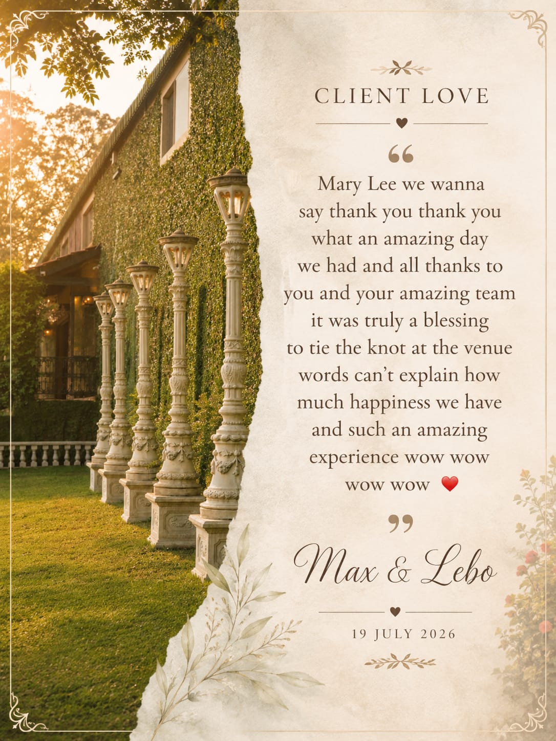 Client testimonial for The Venue Shongweni