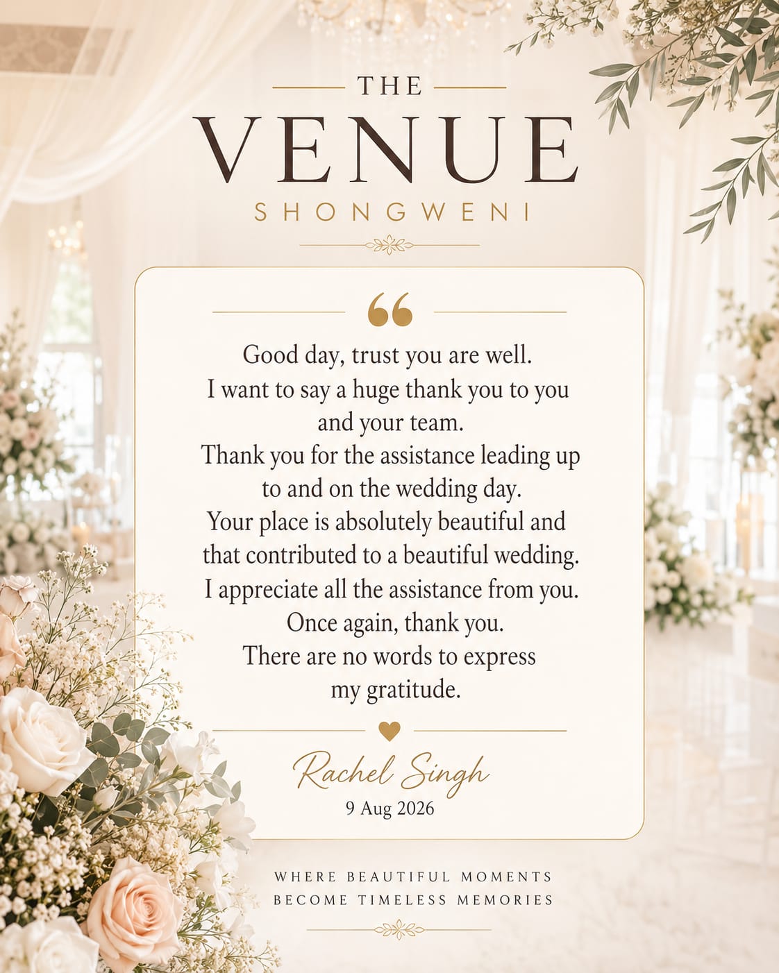 Client testimonial for The Venue Shongweni