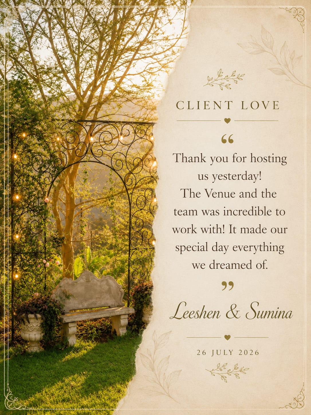 Client testimonial for The Venue Shongweni